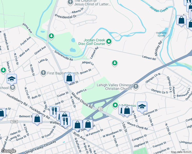 map of restaurants, bars, coffee shops, grocery stores, and more near 1647 1/2 North 16th Street in Allentown
