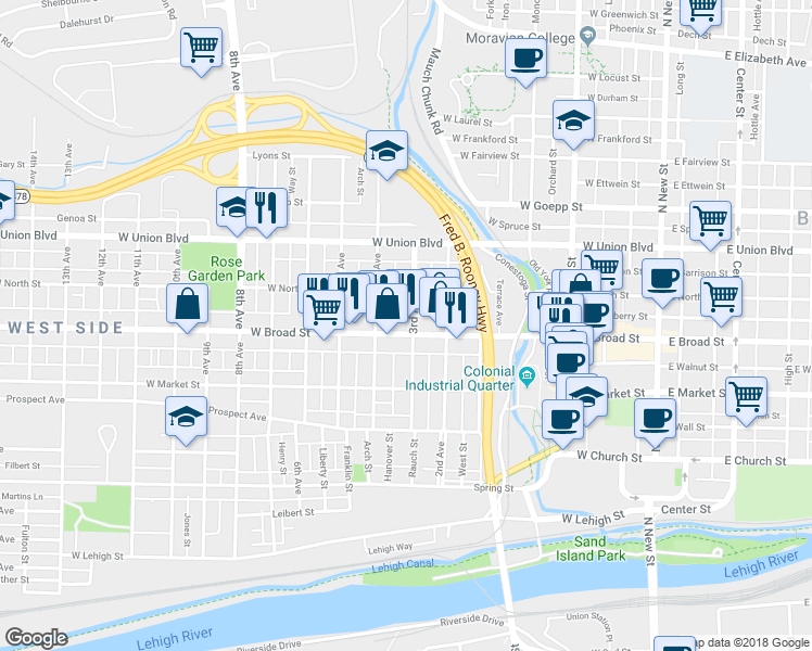 map of restaurants, bars, coffee shops, grocery stores, and more near 406 West Broad Street in Bethlehem
