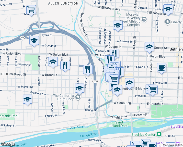map of restaurants, bars, coffee shops, grocery stores, and more near 204 West Broad Street in Bethlehem