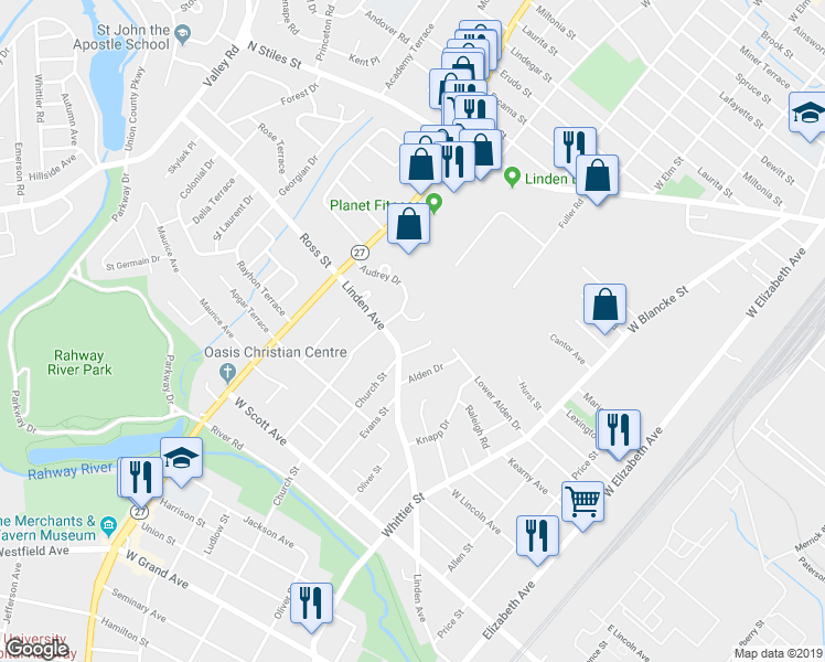 map of restaurants, bars, coffee shops, grocery stores, and more near 636 Cora Place in Rahway