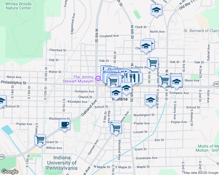 map of restaurants, bars, coffee shops, grocery stores, and more near 701 Philadelphia Street in Indiana