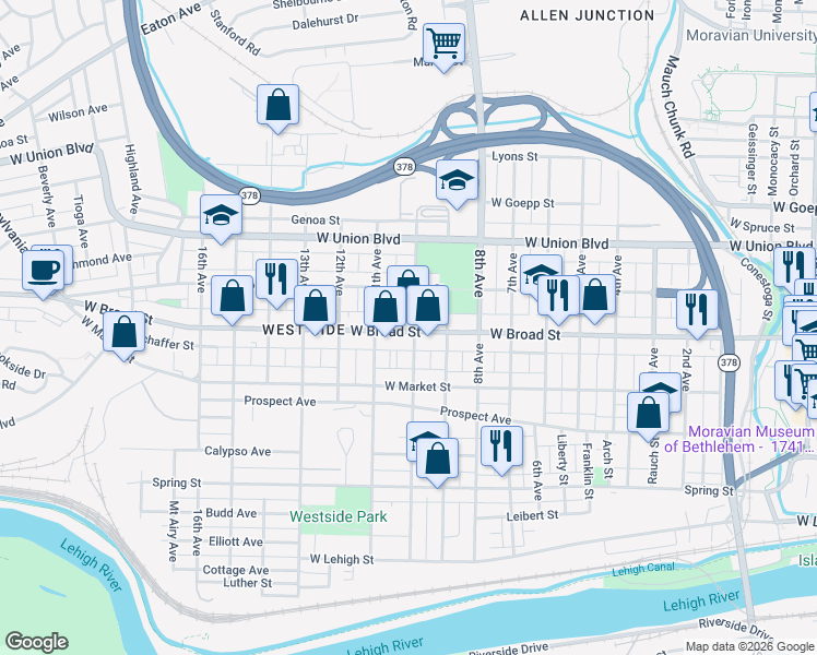 map of restaurants, bars, coffee shops, grocery stores, and more near 1104 West Broad Street in Bethlehem