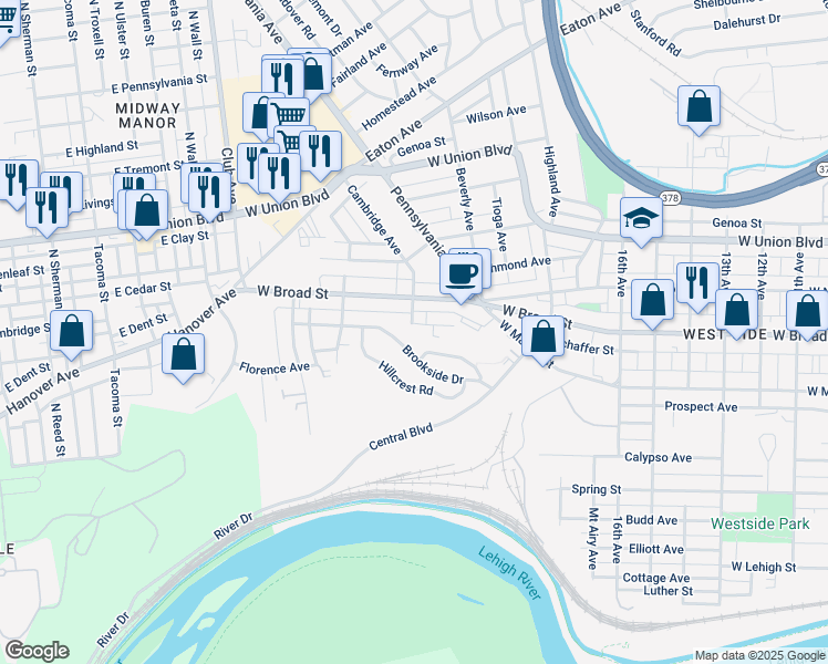 map of restaurants, bars, coffee shops, grocery stores, and more near 1969 Glendale Avenue in Bethlehem