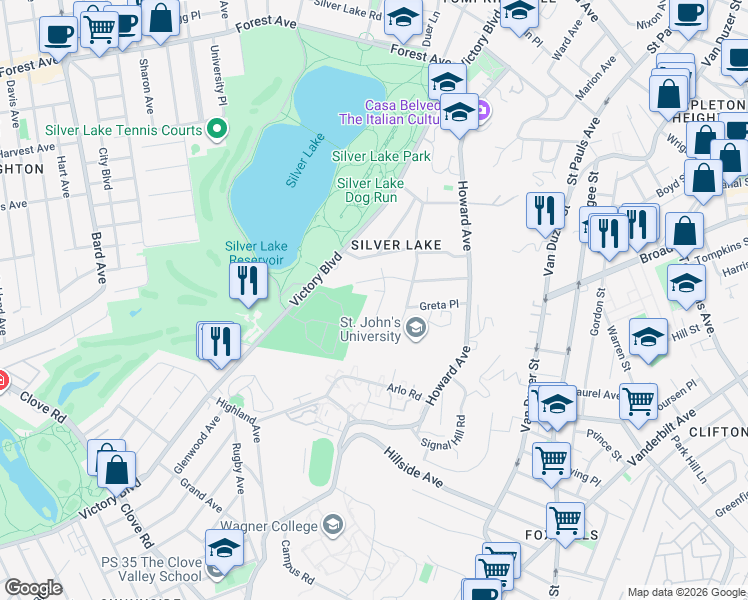 map of restaurants, bars, coffee shops, grocery stores, and more near 142 Bertha Place in Staten Island
