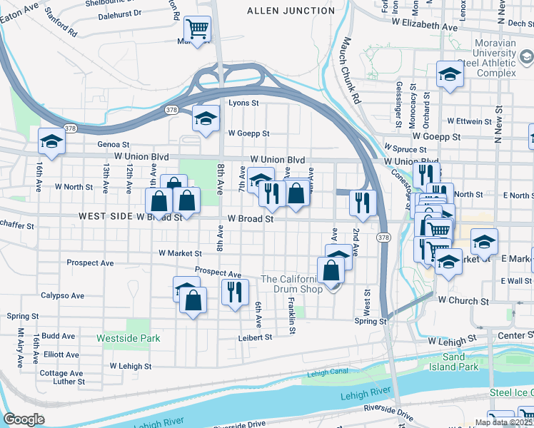 map of restaurants, bars, coffee shops, grocery stores, and more near 632 West Broad Street in Bethlehem