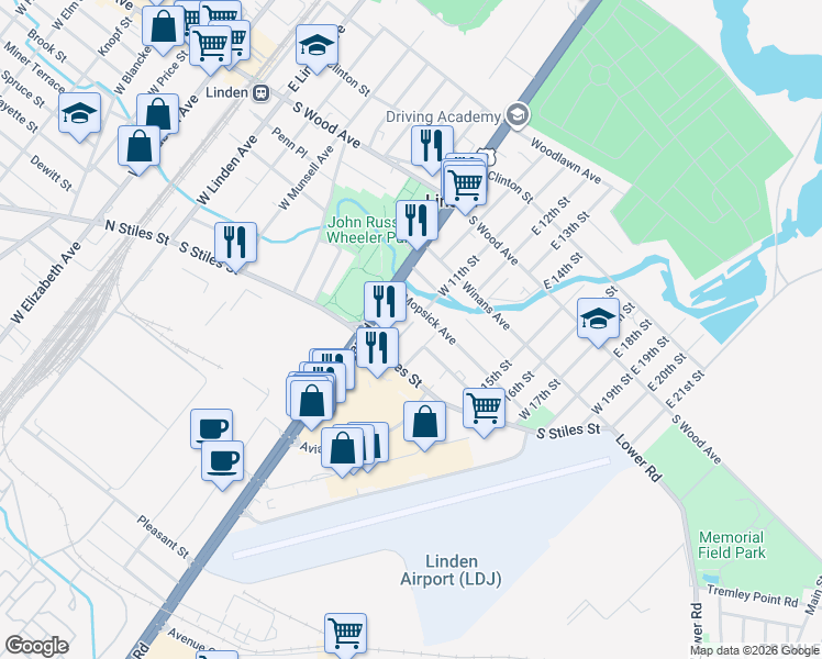 map of restaurants, bars, coffee shops, grocery stores, and more near 410 Gable Lane in Linden