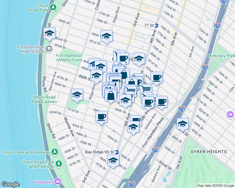 map of restaurants, bars, coffee shops, grocery stores, and more near 8613 3rd Avenue in Brooklyn
