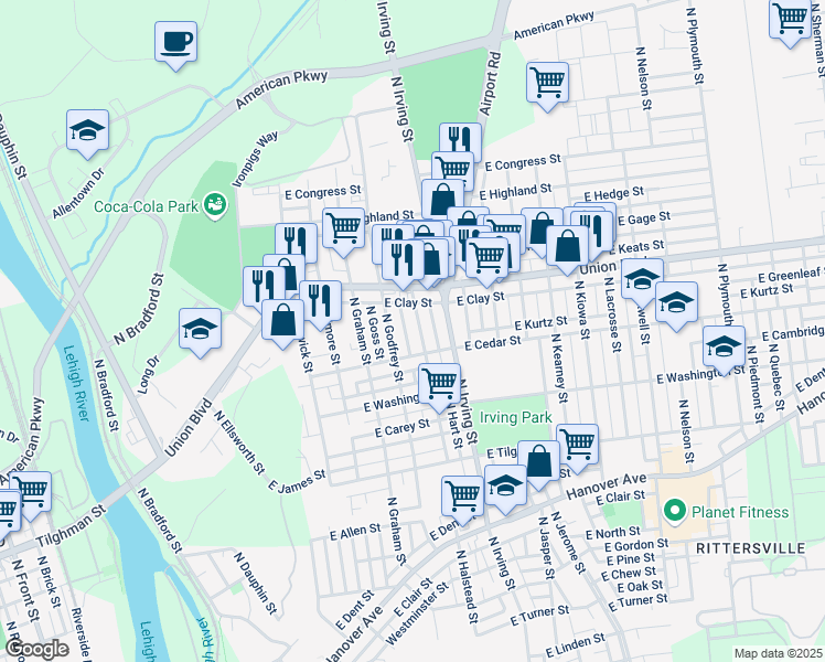 map of restaurants, bars, coffee shops, grocery stores, and more near 871 North Halstead Street in Allentown