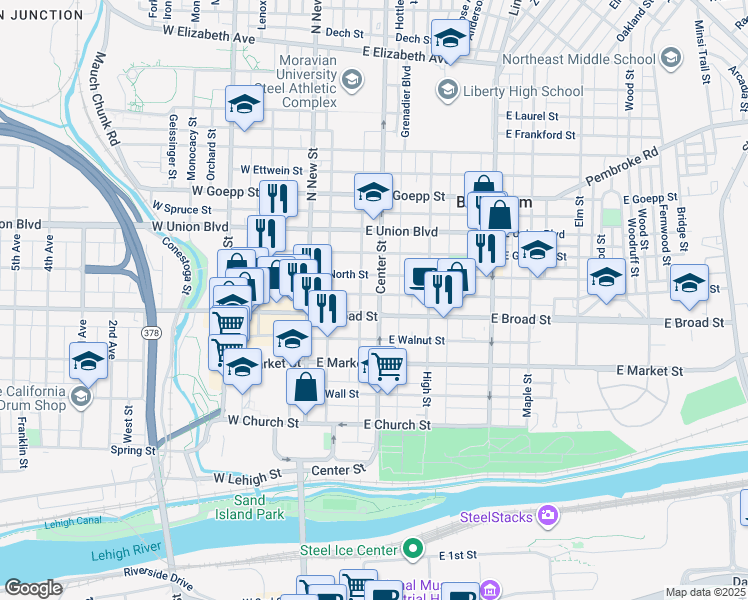 map of restaurants, bars, coffee shops, grocery stores, and more near 613 Center Street in Bethlehem