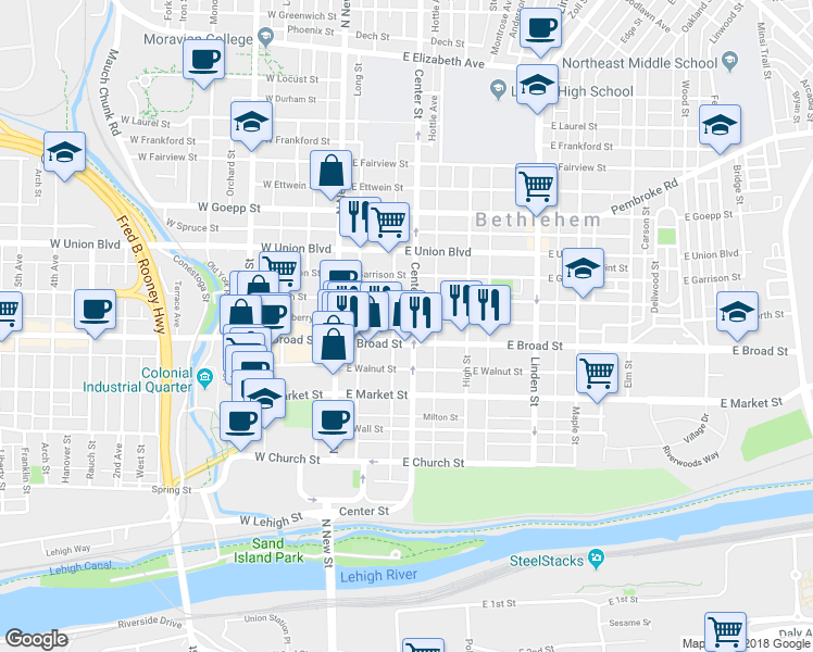 map of restaurants, bars, coffee shops, grocery stores, and more near 613 Center Street in Bethlehem