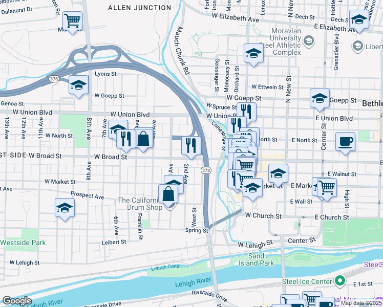 map of restaurants, bars, coffee shops, grocery stores, and more near 224 West Broad Street in Bethlehem