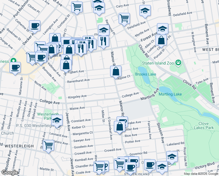 map of restaurants, bars, coffee shops, grocery stores, and more near 100 Benedict Avenue in Staten Island