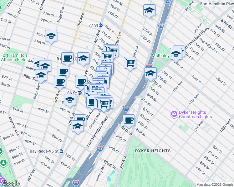 map of restaurants, bars, coffee shops, grocery stores, and more near 551 83rd Street in Brooklyn
