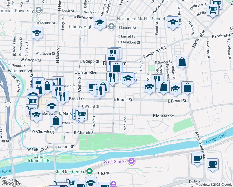 map of restaurants, bars, coffee shops, grocery stores, and more near 626 Linden Street in Bethlehem