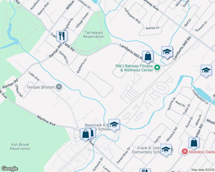 map of restaurants, bars, coffee shops, grocery stores, and more near 2031 Winding Brook Way in Scotch Plains