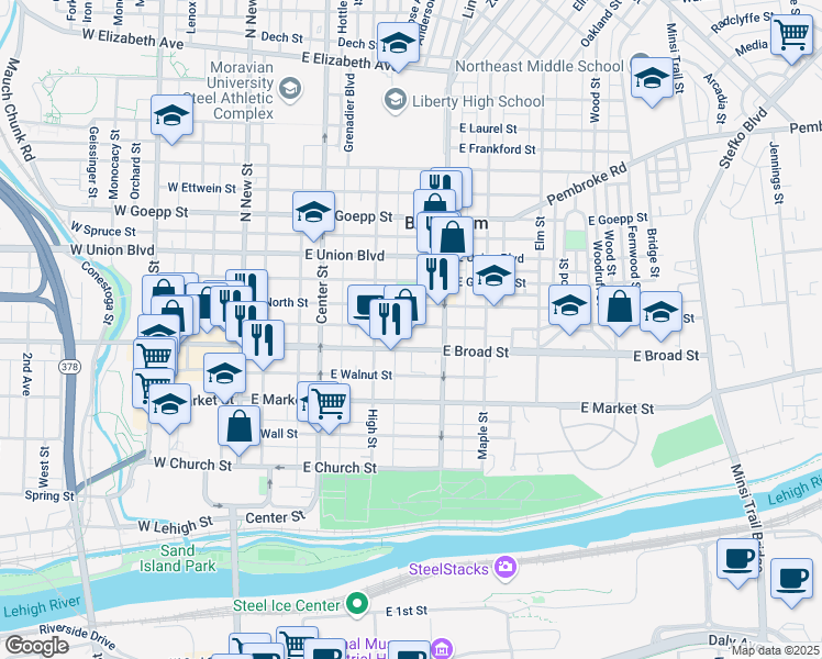 map of restaurants, bars, coffee shops, grocery stores, and more near 238 East Raspberry Street in Bethlehem
