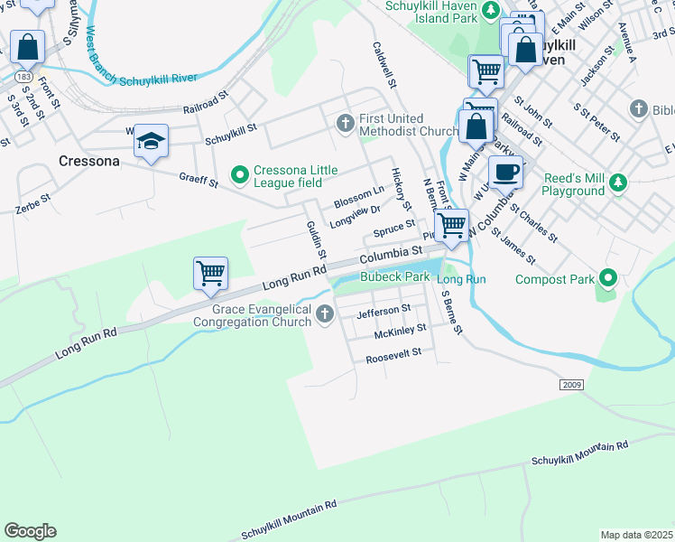 map of restaurants, bars, coffee shops, grocery stores, and more near 536 West Columbia Street in Schuylkill Haven