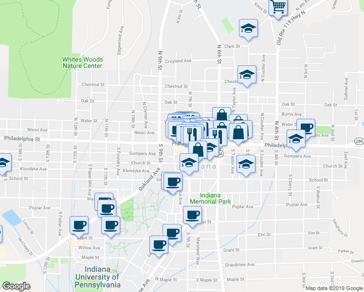 map of restaurants, bars, coffee shops, grocery stores, and more near 718 Philadelphia Street in Indiana