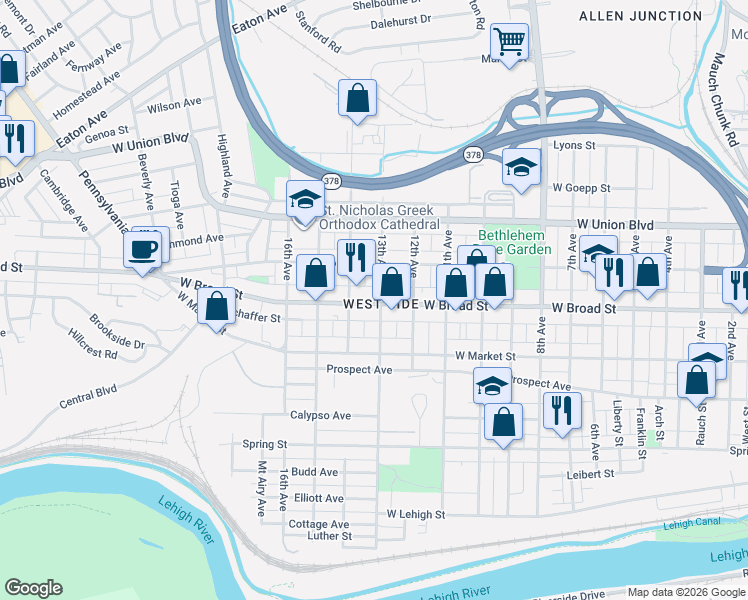 map of restaurants, bars, coffee shops, grocery stores, and more near in Bethlehem