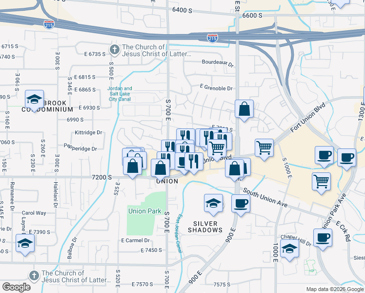 map of restaurants, bars, coffee shops, grocery stores, and more near 720 East Gables Street in Midvale