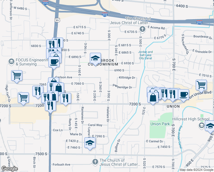 map of restaurants, bars, coffee shops, grocery stores, and more near 7070 300 East in Midvale