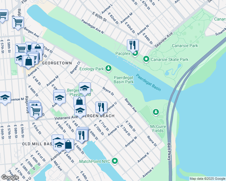 map of restaurants, bars, coffee shops, grocery stores, and more near 2044 Bergen Avenue in Brooklyn