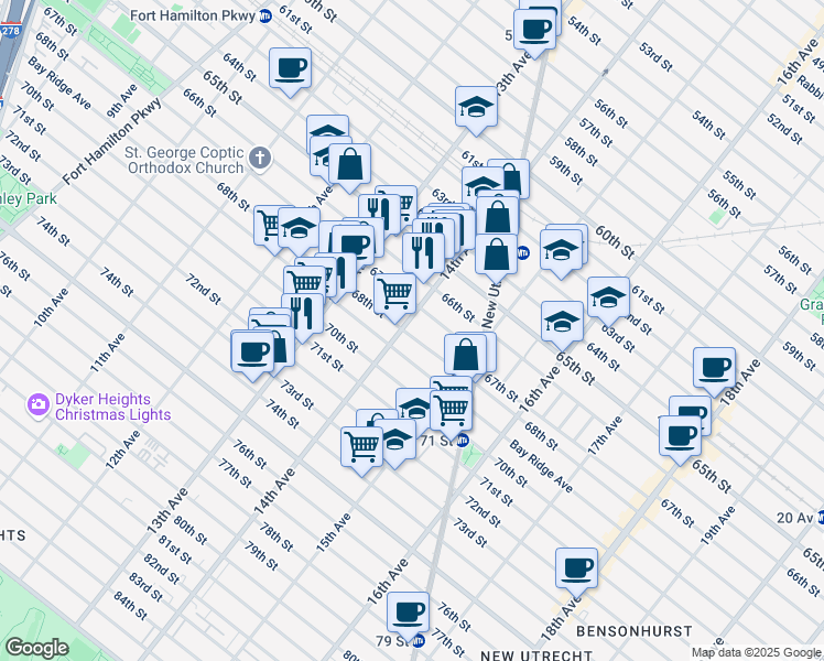 map of restaurants, bars, coffee shops, grocery stores, and more near 6725a 14th Avenue in Brooklyn