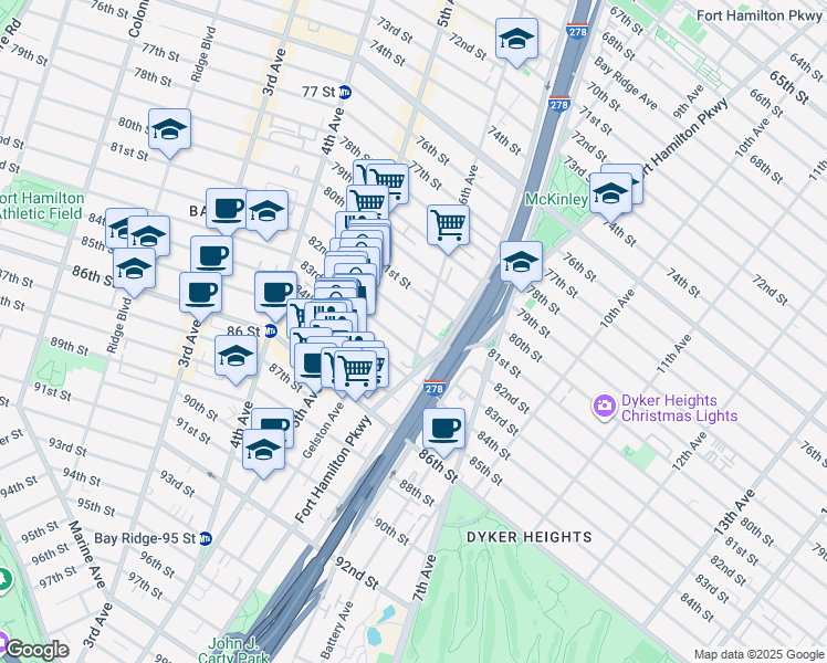 map of restaurants, bars, coffee shops, grocery stores, and more near 551 83rd Street in Brooklyn