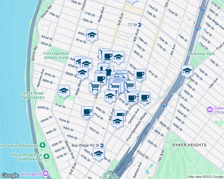 map of restaurants, bars, coffee shops, grocery stores, and more near 151 86th Street in Brooklyn