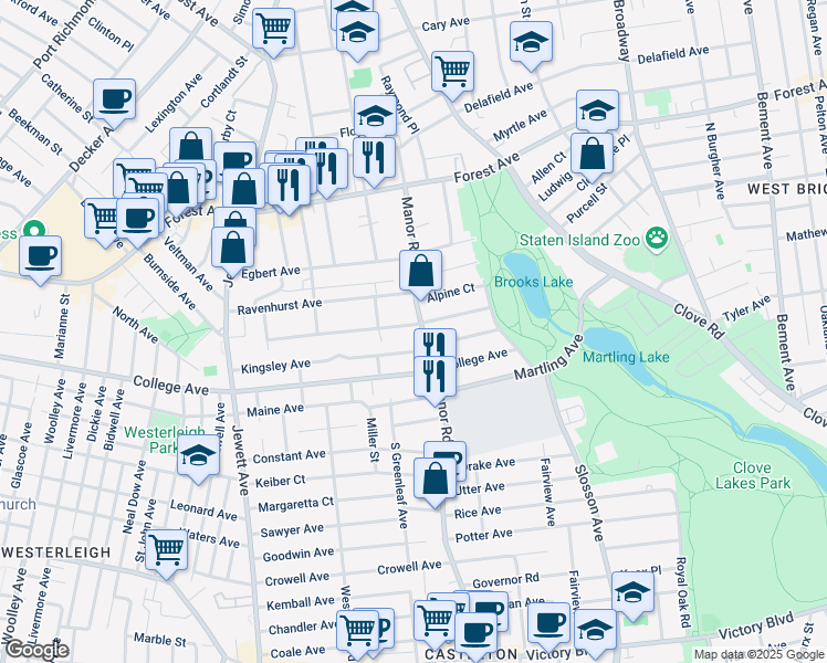 map of restaurants, bars, coffee shops, grocery stores, and more near 100 Benedict Avenue in Staten Island