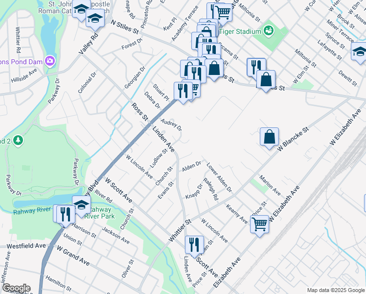 map of restaurants, bars, coffee shops, grocery stores, and more near 662 Cora Place in Rahway