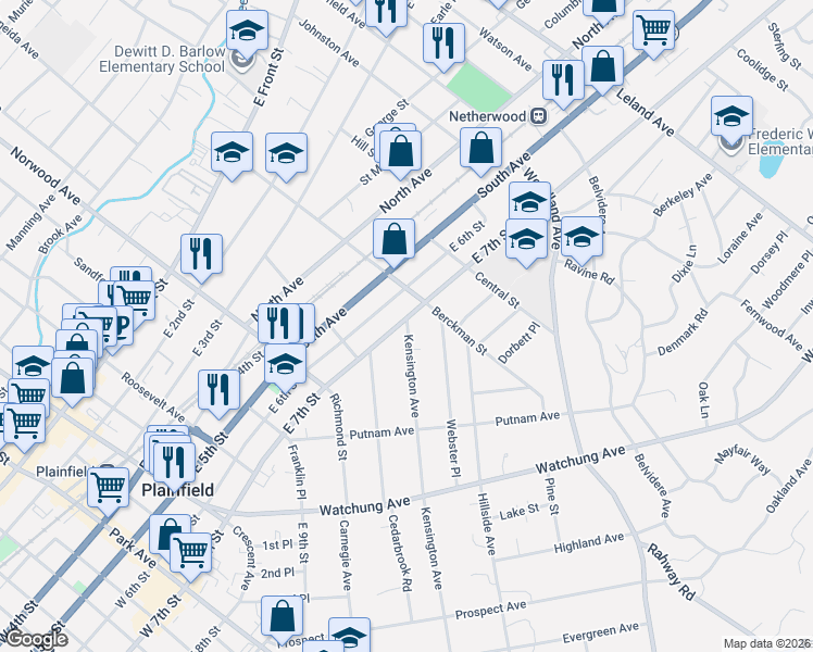 map of restaurants, bars, coffee shops, grocery stores, and more near 643 East 7th Street in Plainfield