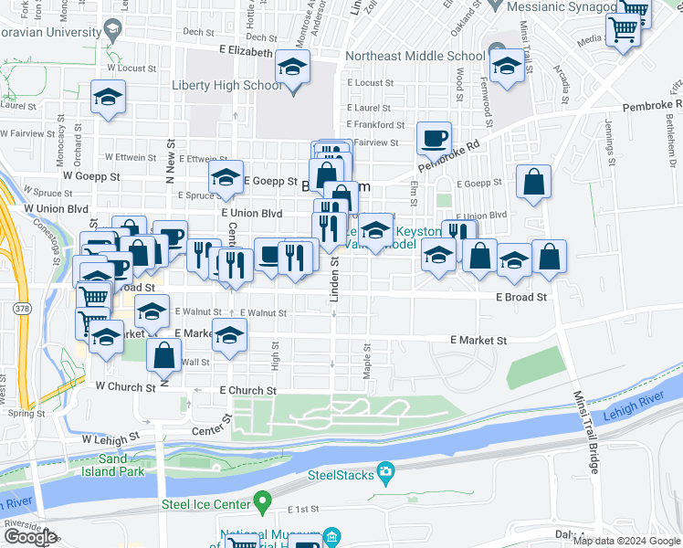 map of restaurants, bars, coffee shops, grocery stores, and more near 626 Linden Street in Bethlehem