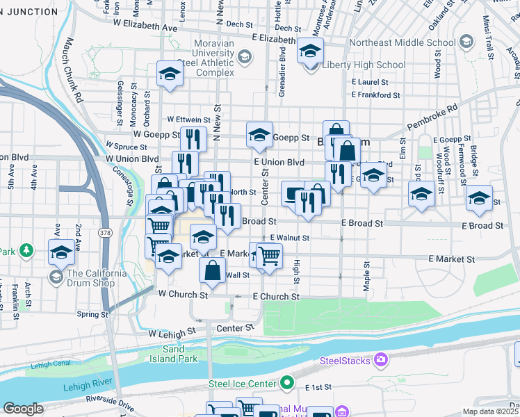 map of restaurants, bars, coffee shops, grocery stores, and more near 626 Center Street in Bethlehem