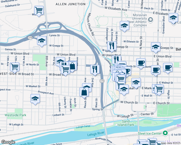 map of restaurants, bars, coffee shops, grocery stores, and more near in Bethlehem