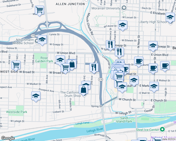 map of restaurants, bars, coffee shops, grocery stores, and more near 617 2nd Avenue in Bethlehem