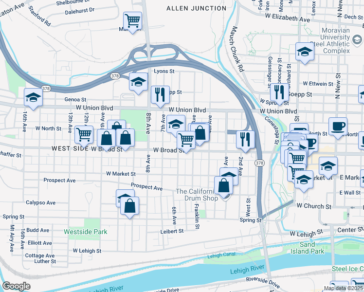 map of restaurants, bars, coffee shops, grocery stores, and more near 617 5th Avenue in Bethlehem