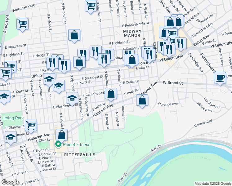 map of restaurants, bars, coffee shops, grocery stores, and more near 828 Tacoma Street in Allentown
