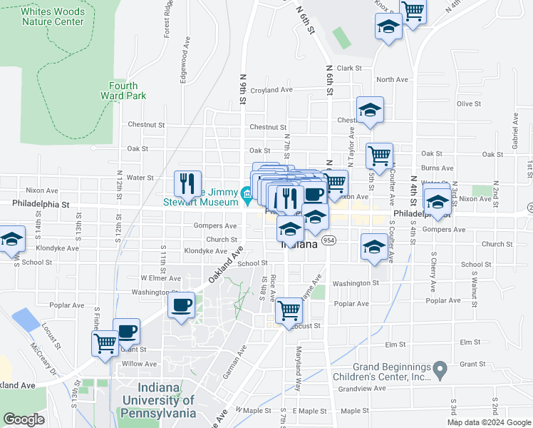 map of restaurants, bars, coffee shops, grocery stores, and more near 800 Philadelphia Street in Indiana