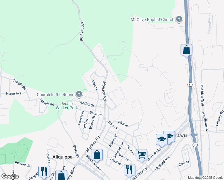 map of restaurants, bars, coffee shops, grocery stores, and more near 158 Gregory Street in Aliquippa