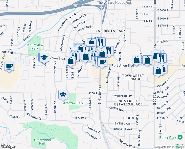map of restaurants, bars, coffee shops, grocery stores, and more near 1954 Fort Union Boulevard in Salt Lake City