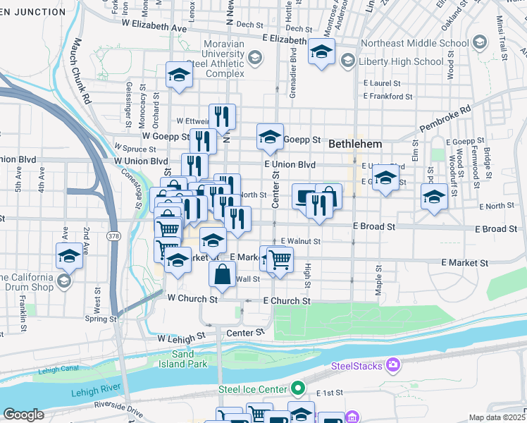 map of restaurants, bars, coffee shops, grocery stores, and more near 47 East Raspberry Street in Bethlehem
