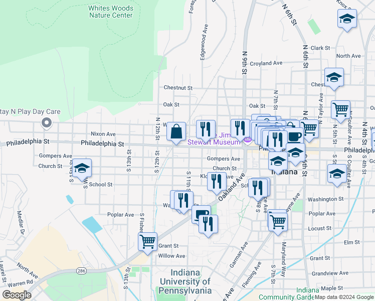 map of restaurants, bars, coffee shops, grocery stores, and more near 14 South 11th Street in Indiana