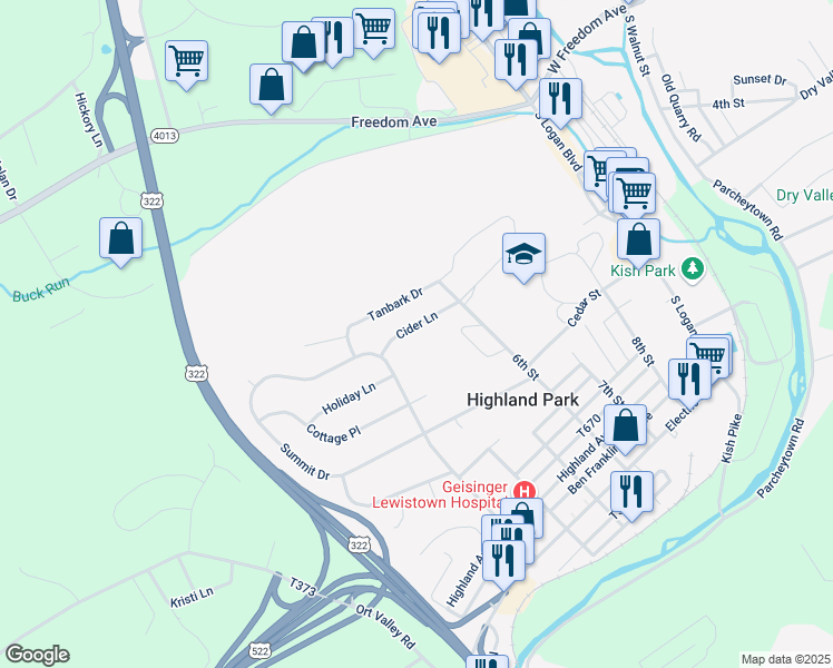 map of restaurants, bars, coffee shops, grocery stores, and more near 227 Cider Lane in Lewistown