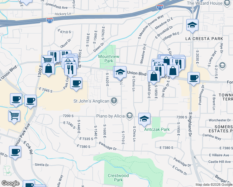 map of restaurants, bars, coffee shops, grocery stores, and more near 1673 East 7080 South in Cottonwood Heights