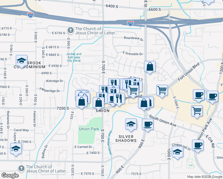 map of restaurants, bars, coffee shops, grocery stores, and more near 720 East Gables Street in Midvale