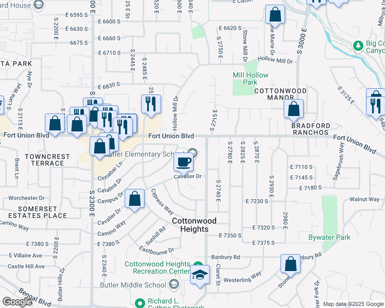 map of restaurants, bars, coffee shops, grocery stores, and more near in Cottonwood Heights