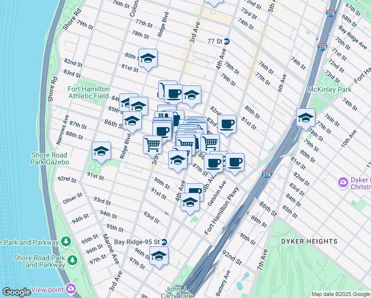 map of restaurants, bars, coffee shops, grocery stores, and more near 151 86th Street in Brooklyn