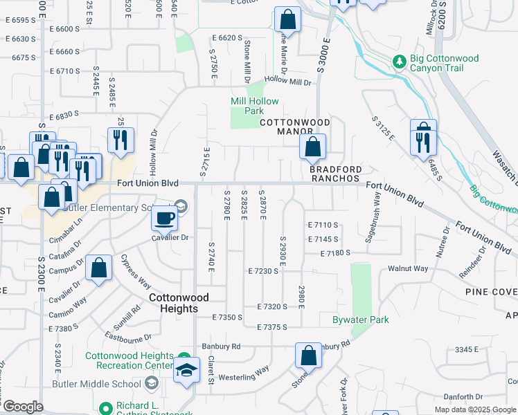 map of restaurants, bars, coffee shops, grocery stores, and more near 7060 South 2870 East in Cottonwood Heights