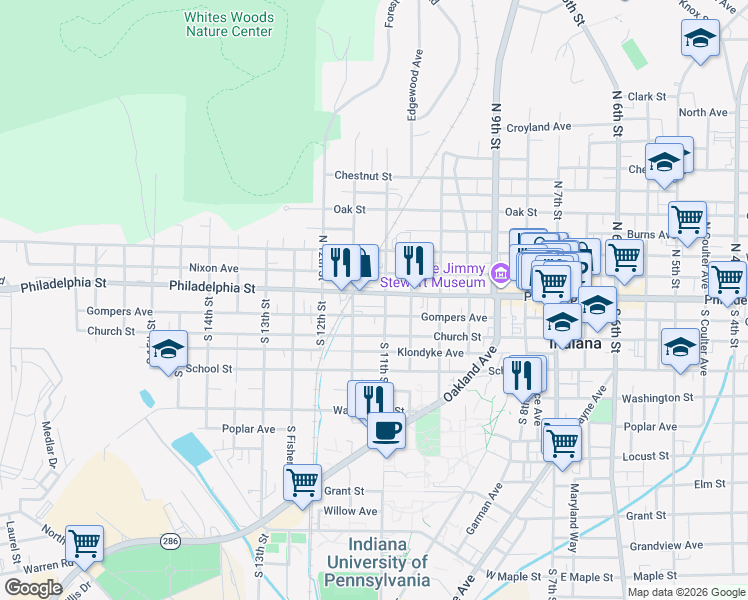map of restaurants, bars, coffee shops, grocery stores, and more near 1112 Philadelphia Street in Indiana